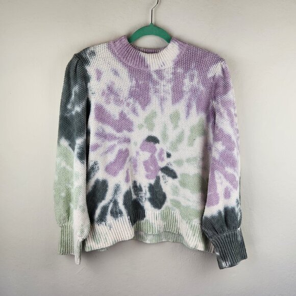 Madewell Tie Dye Puff Sleeve Cotton Knit Sweater Purple Green sz XXL - Picture 1 of 12